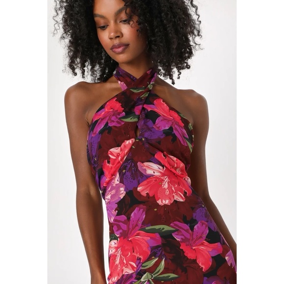 NEW NWT Lulus Forever Gorgeous Burgundy Multi Floral Print Halter Maxi Dress - Picture 6 of 9
